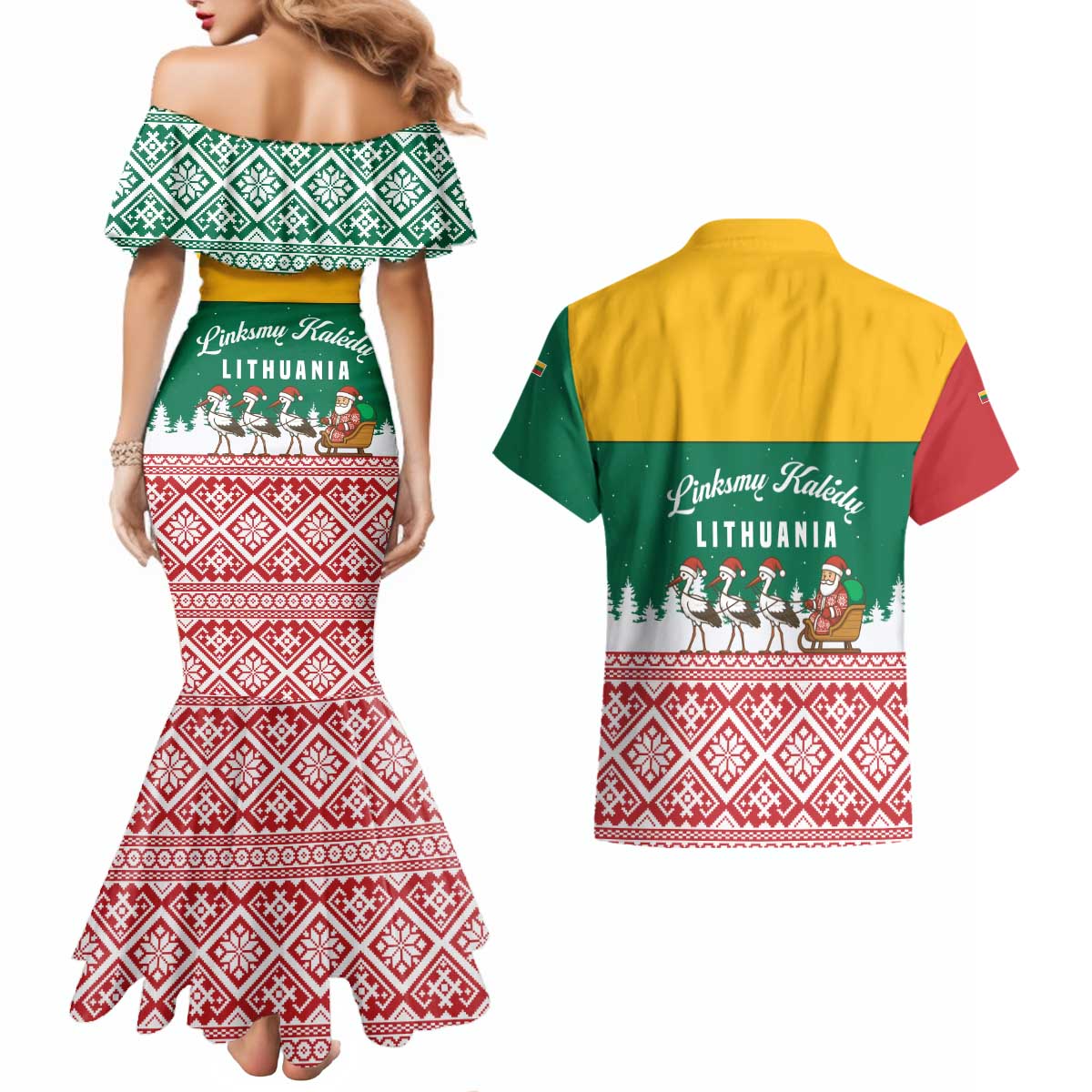 Lithuania Christmas Couples Matching Mermaid Dress and Hawaiian Shirt with Santa Sleigh Pulled by Storks and Folk Pattern Design - Wonder Print Shop