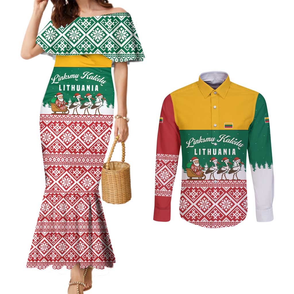 Lithuania Christmas Couples Matching Mermaid Dress and Long Sleeve Button Shirt with Santa Sleigh Pulled by Storks and Folk Pattern Design - Wonder Print Shop