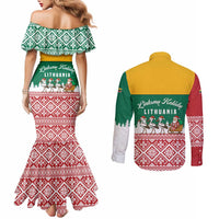 Lithuania Christmas Couples Matching Mermaid Dress and Long Sleeve Button Shirt with Santa Sleigh Pulled by Storks and Folk Pattern Design - Wonder Print Shop