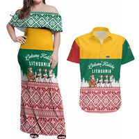Lithuania Christmas Couples Matching Off Shoulder Maxi Dress and Hawaiian Shirt with Santa Sleigh Pulled by Storks and Folk Pattern Design - Wonder Print Shop