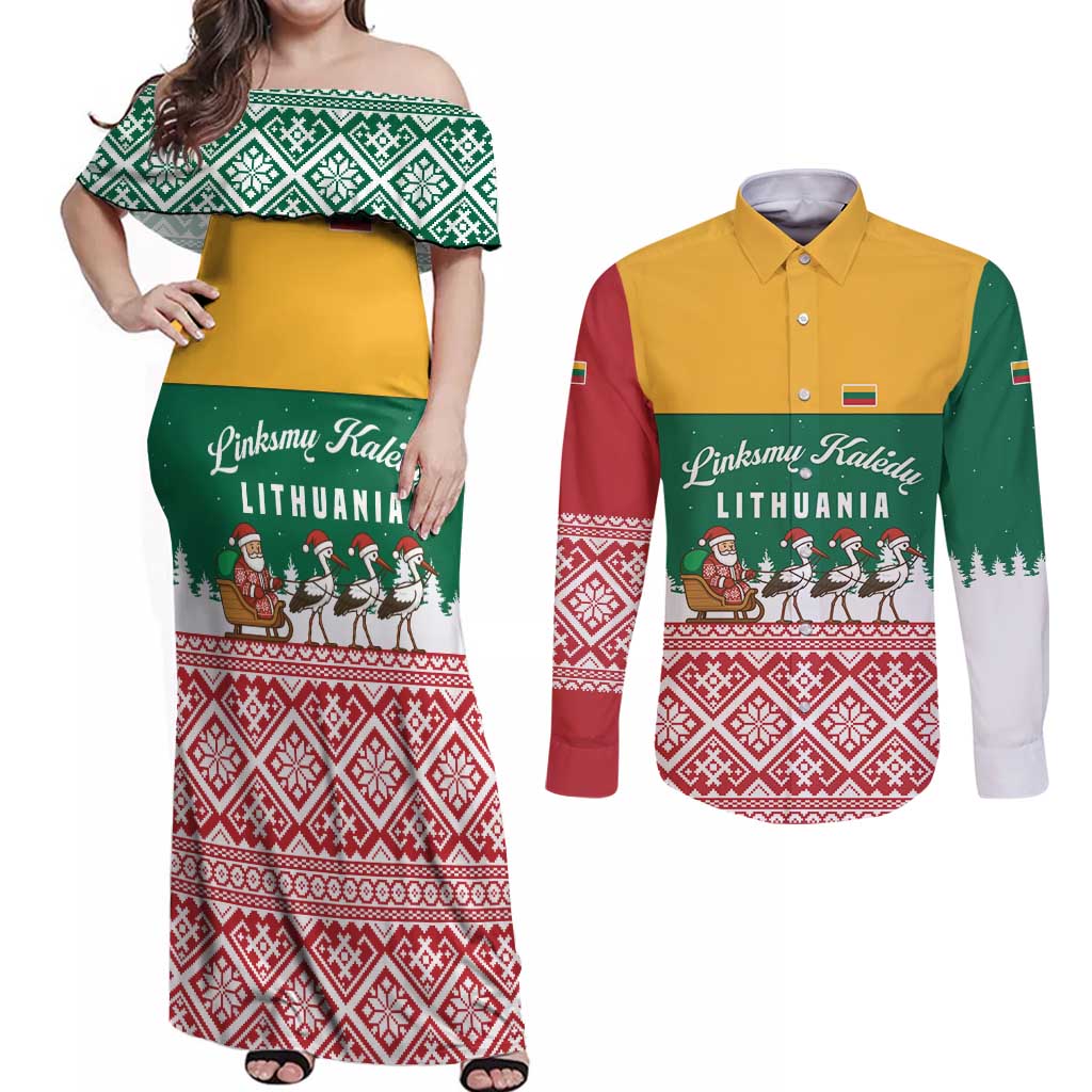 Lithuania Christmas Couples Matching Off Shoulder Maxi Dress and Long Sleeve Button Shirt with Santa Sleigh Pulled by Storks and Folk Pattern Design - Wonder Print Shop