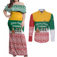 Lithuania Christmas Couples Matching Off Shoulder Maxi Dress and Long Sleeve Button Shirt with Santa Sleigh Pulled by Storks and Folk Pattern Design - Wonder Print Shop