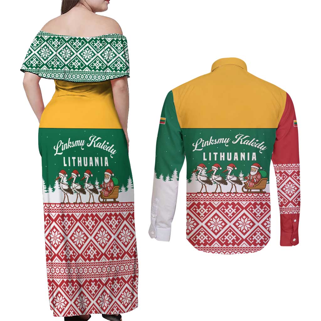 Lithuania Christmas Couples Matching Off Shoulder Maxi Dress and Long Sleeve Button Shirt with Santa Sleigh Pulled by Storks and Folk Pattern Design - Wonder Print Shop
