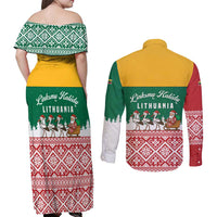 Lithuania Christmas Couples Matching Off Shoulder Maxi Dress and Long Sleeve Button Shirt with Santa Sleigh Pulled by Storks and Folk Pattern Design - Wonder Print Shop