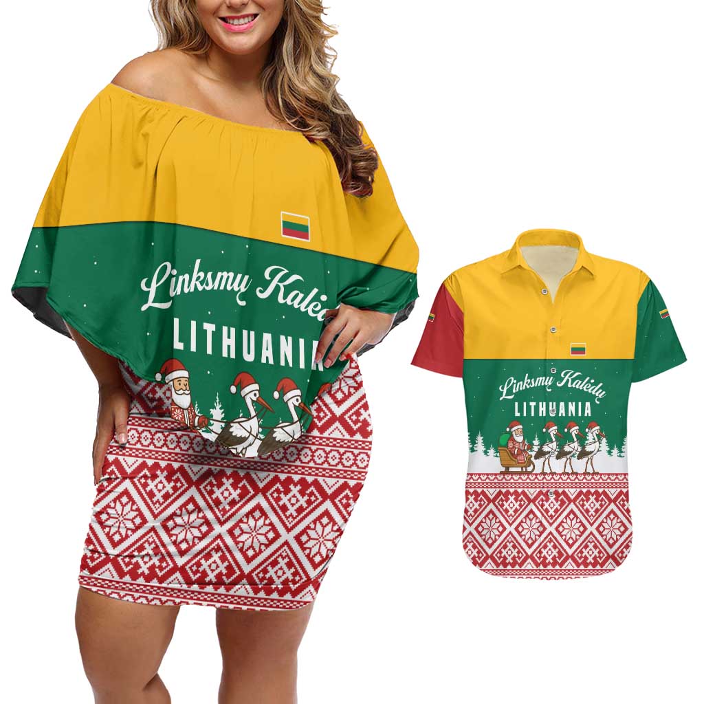 Lithuania Christmas Couples Matching Off Shoulder Short Dress and Hawaiian Shirt with Santa Sleigh Pulled by Storks and Folk Pattern Design - Wonder Print Shop