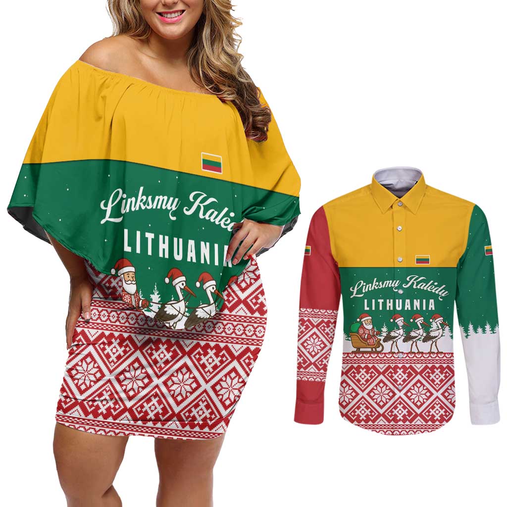 Lithuania Christmas Couples Matching Off Shoulder Short Dress and Long Sleeve Button Shirt with Santa Sleigh Pulled by Storks and Folk Pattern Design - Wonder Print Shop