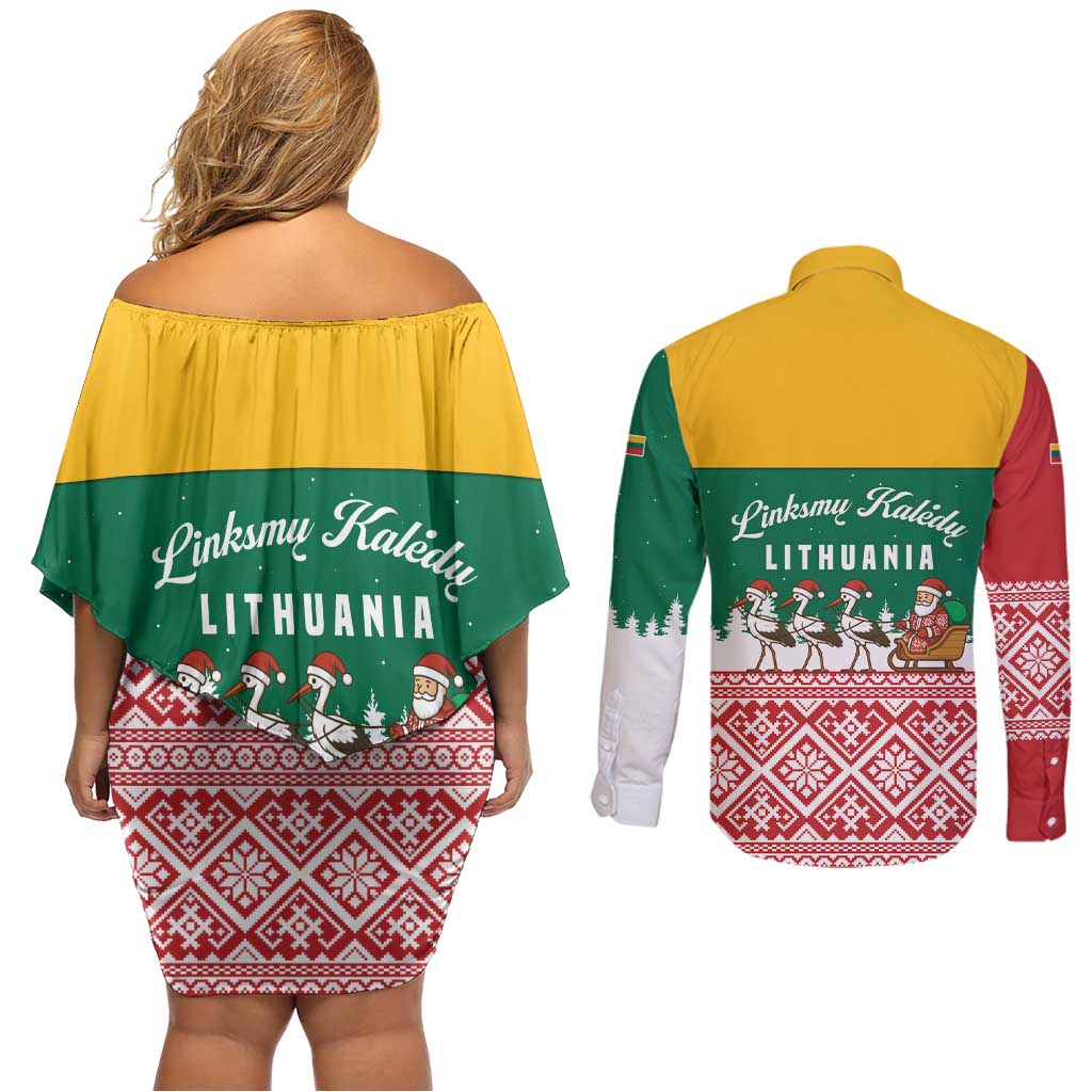 Lithuania Christmas Couples Matching Off Shoulder Short Dress and Long Sleeve Button Shirt with Santa Sleigh Pulled by Storks and Folk Pattern Design - Wonder Print Shop