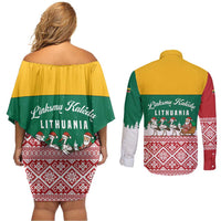 Lithuania Christmas Couples Matching Off Shoulder Short Dress and Long Sleeve Button Shirt with Santa Sleigh Pulled by Storks and Folk Pattern Design - Wonder Print Shop