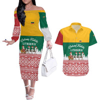 Lithuania Christmas Couples Matching Off The Shoulder Long Sleeve Dress and Hawaiian Shirt with Santa Sleigh Pulled by Storks and Folk Pattern Design - Wonder Print Shop