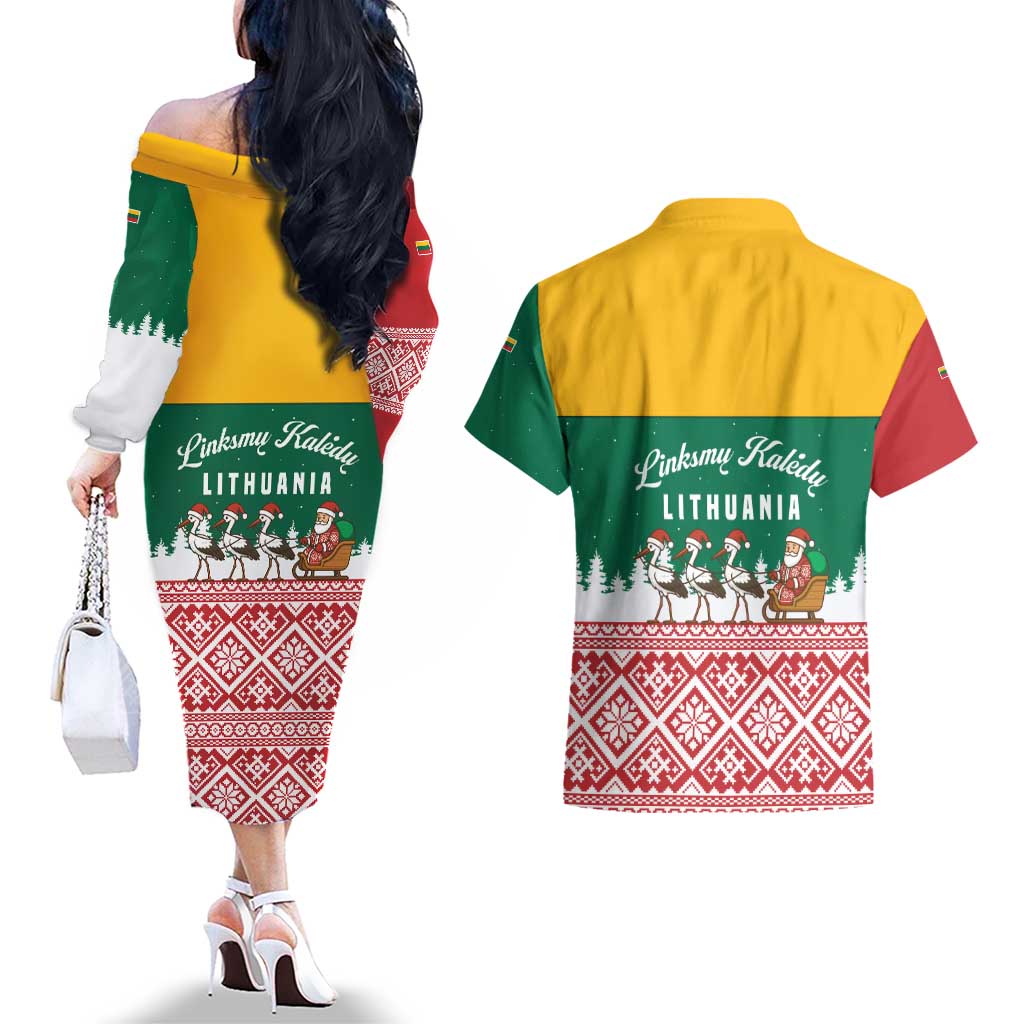Lithuania Christmas Couples Matching Off The Shoulder Long Sleeve Dress and Hawaiian Shirt with Santa Sleigh Pulled by Storks and Folk Pattern Design - Wonder Print Shop