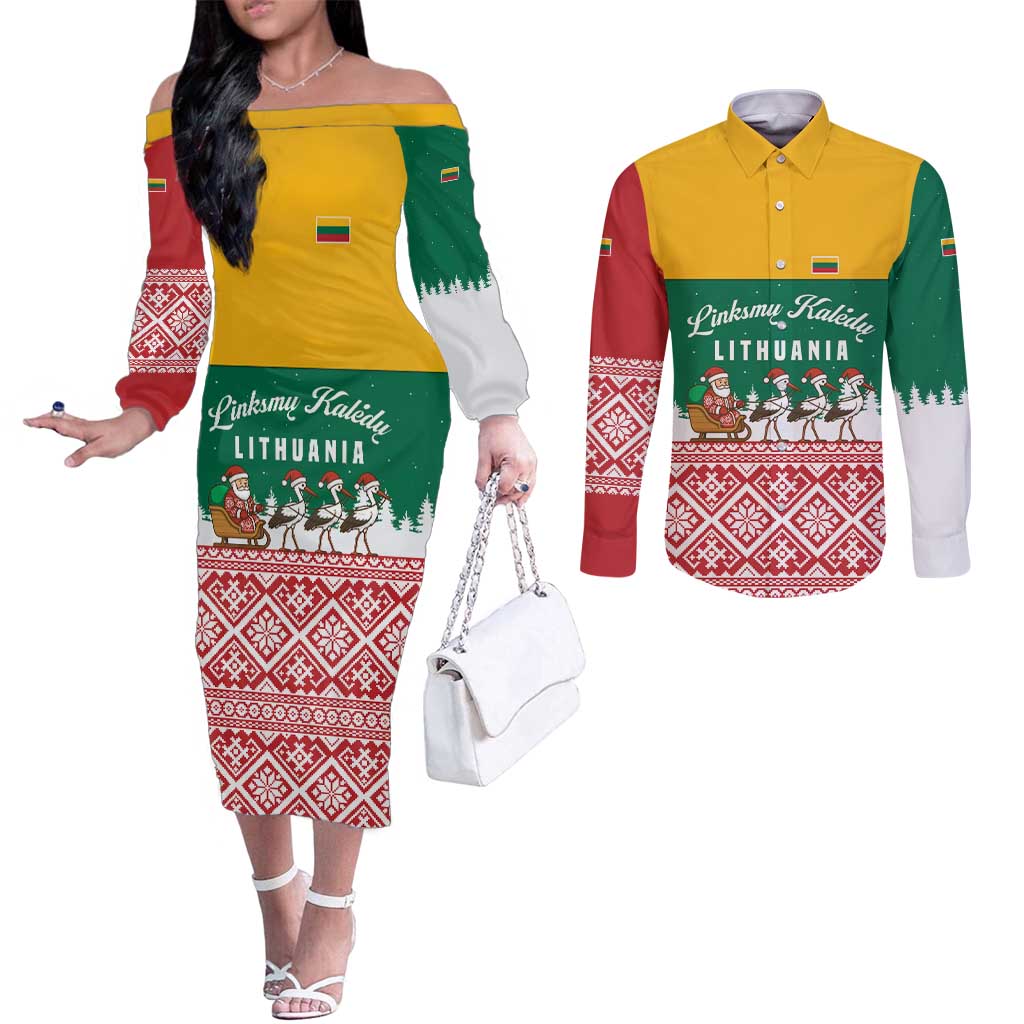 Lithuania Christmas Couples Matching Off The Shoulder Long Sleeve Dress and Long Sleeve Button Shirt with Santa Sleigh Pulled by Storks and Folk Pattern Design - Wonder Print Shop