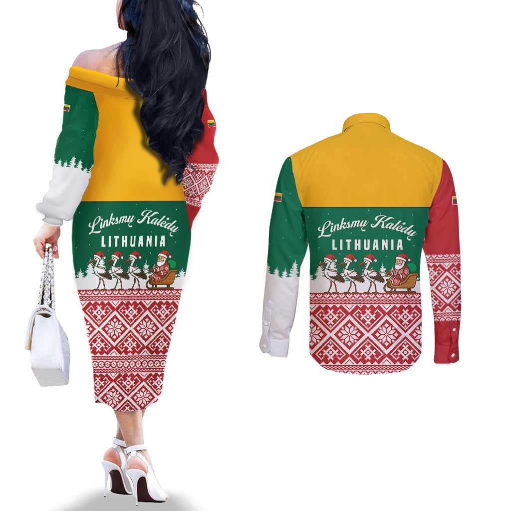 Lithuania Christmas Couples Matching Off The Shoulder Long Sleeve Dress and Long Sleeve Button Shirt with Santa Sleigh Pulled by Storks and Folk Pattern Design - Wonder Print Shop