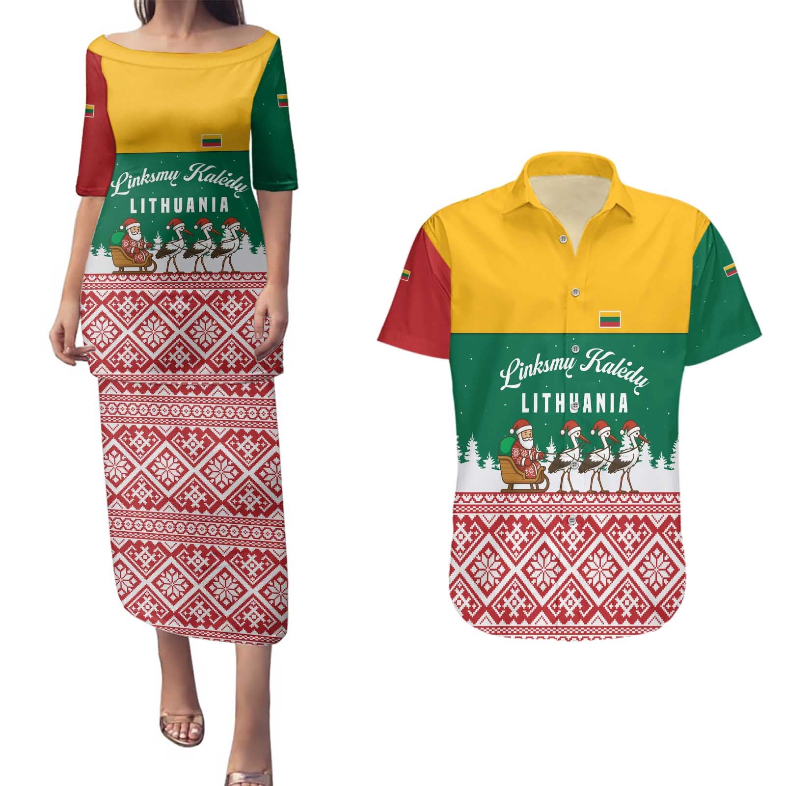 Lithuania Christmas Couples Matching Puletasi and Hawaiian Shirt with Santa Sleigh Pulled by Storks and Folk Pattern Design - Wonder Print Shop