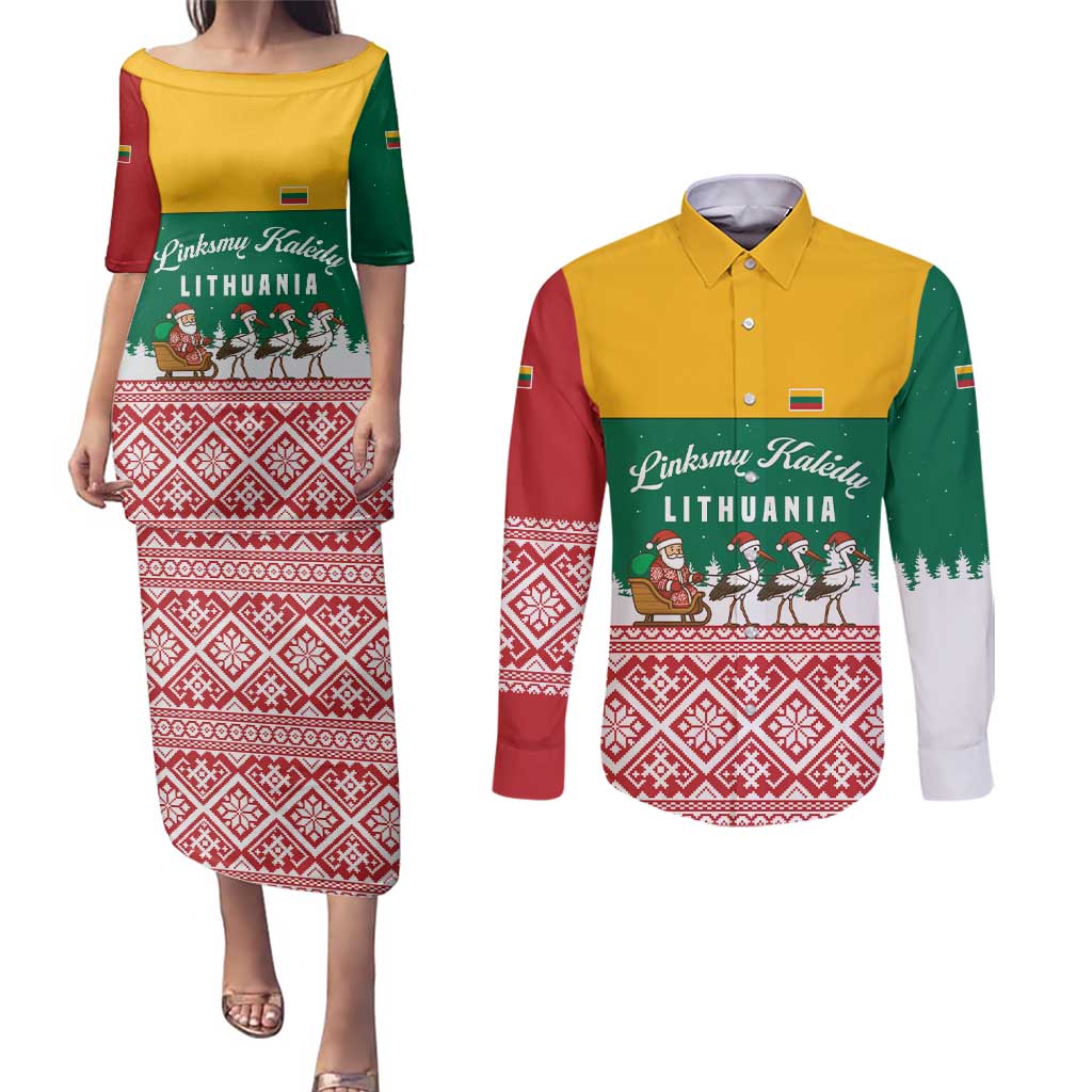 Lithuania Christmas Couples Matching Puletasi and Long Sleeve Button Shirt with Santa Sleigh Pulled by Storks and Folk Pattern Design - Wonder Print Shop