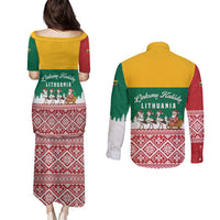Lithuania Christmas Couples Matching Puletasi and Long Sleeve Button Shirt with Santa Sleigh Pulled by Storks and Folk Pattern Design - Wonder Print Shop