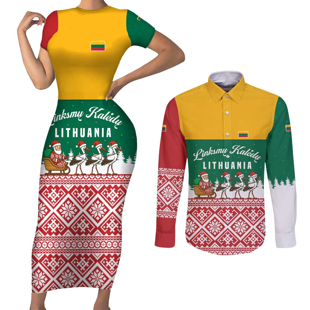 Lithuania Christmas Couples Matching Short Sleeve Bodycon Dress and Long Sleeve Button Shirt with Santa Sleigh Pulled by Storks and Folk Pattern Design - Wonder Print Shop