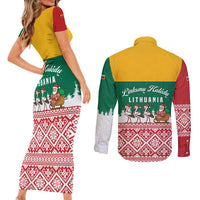 Lithuania Christmas Couples Matching Short Sleeve Bodycon Dress and Long Sleeve Button Shirt with Santa Sleigh Pulled by Storks and Folk Pattern Design - Wonder Print Shop