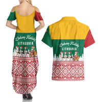 Lithuania Christmas Couples Matching Summer Maxi Dress and Hawaiian Shirt with Santa Sleigh Pulled by Storks and Folk Pattern Design - Wonder Print Shop