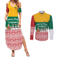 Lithuania Christmas Couples Matching Summer Maxi Dress and Long Sleeve Button Shirt with Santa Sleigh Pulled by Storks and Folk Pattern Design - Wonder Print Shop