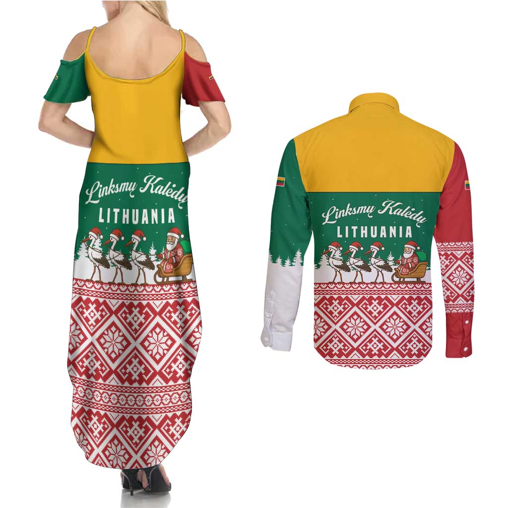 Lithuania Christmas Couples Matching Summer Maxi Dress and Long Sleeve Button Shirt with Santa Sleigh Pulled by Storks and Folk Pattern Design - Wonder Print Shop