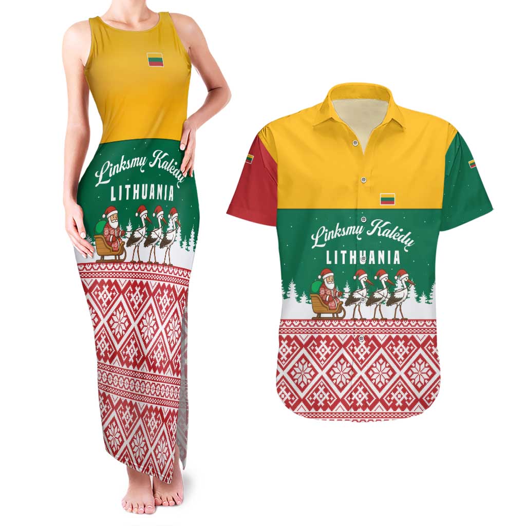 Lithuania Christmas Couples Matching Tank Maxi Dress and Hawaiian Shirt with Santa Sleigh Pulled by Storks and Folk Pattern Design - Wonder Print Shop