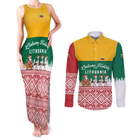 Lithuania Christmas Couples Matching Tank Maxi Dress and Long Sleeve Button Shirt with Santa Sleigh Pulled by Storks and Folk Pattern Design - Wonder Print Shop