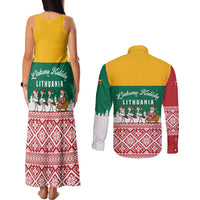 Lithuania Christmas Couples Matching Tank Maxi Dress and Long Sleeve Button Shirt with Santa Sleigh Pulled by Storks and Folk Pattern Design - Wonder Print Shop