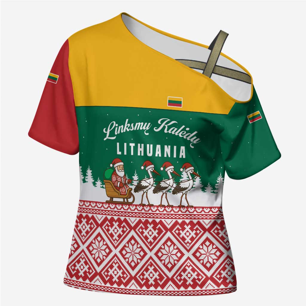 Lithuania Christmas Cross Shoulder Shirt with Santa Sleigh Pulled by Storks and Folk Pattern Design - Wonder Print Shop