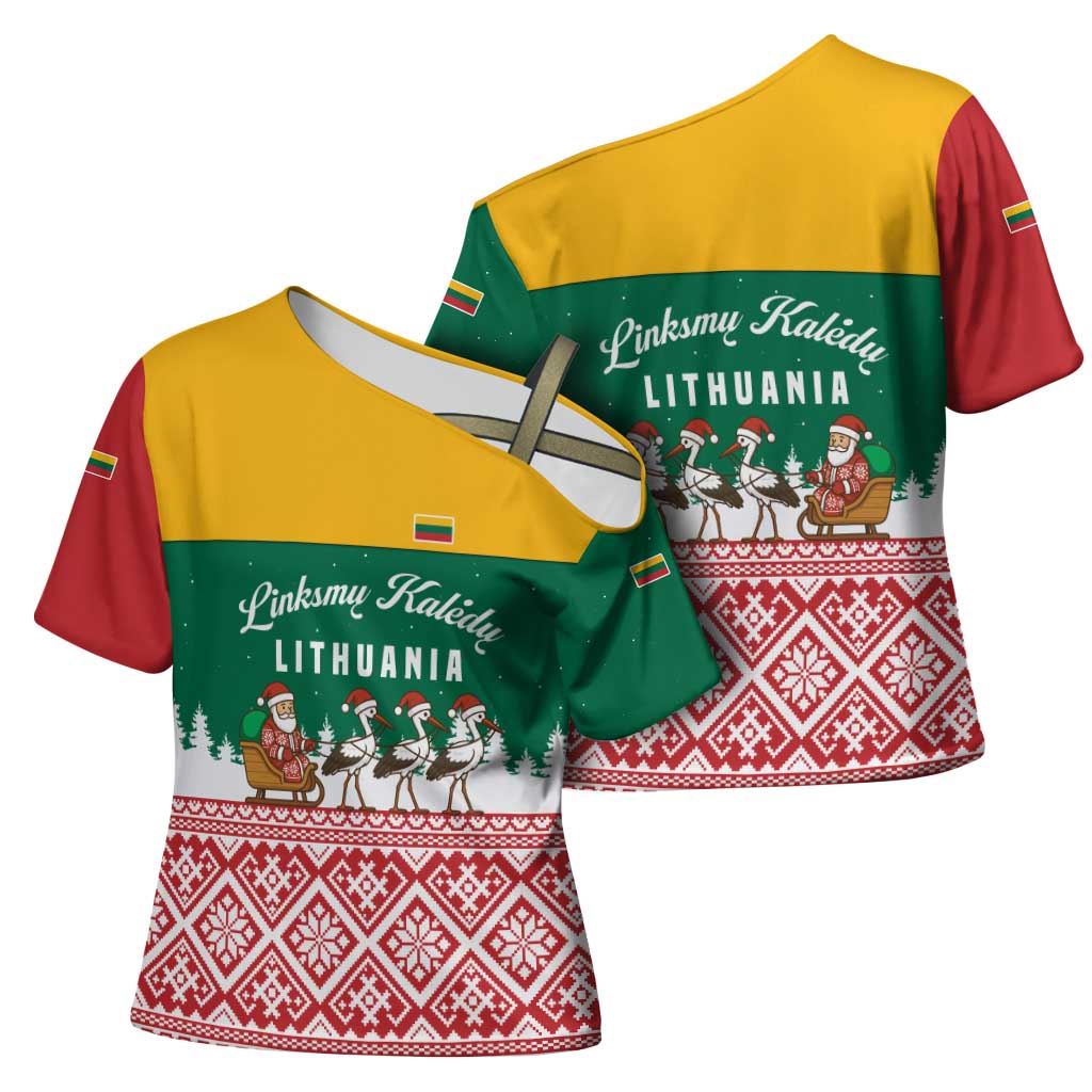 Lithuania Christmas Cross Shoulder Shirt with Santa Sleigh Pulled by Storks and Folk Pattern Design - Wonder Print Shop