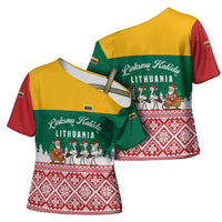 Lithuania Christmas Cross Shoulder Shirt with Santa Sleigh Pulled by Storks and Folk Pattern Design - Wonder Print Shop
