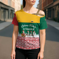 Lithuania Christmas Cross Shoulder Shirt with Santa Sleigh Pulled by Storks and Folk Pattern Design - Wonder Print Shop