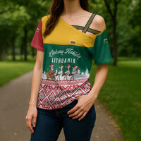 Lithuania Christmas Cross Shoulder Shirt with Santa Sleigh Pulled by Storks and Folk Pattern Design - Wonder Print Shop
