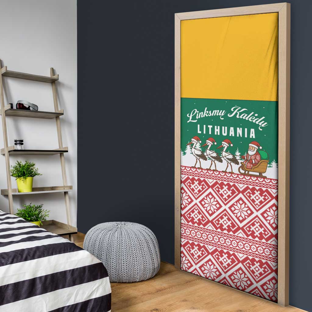 Lithuania Christmas Door Cover with Santa Sleigh Pulled by Storks and Folk Pattern Design - Wonder Print Shop