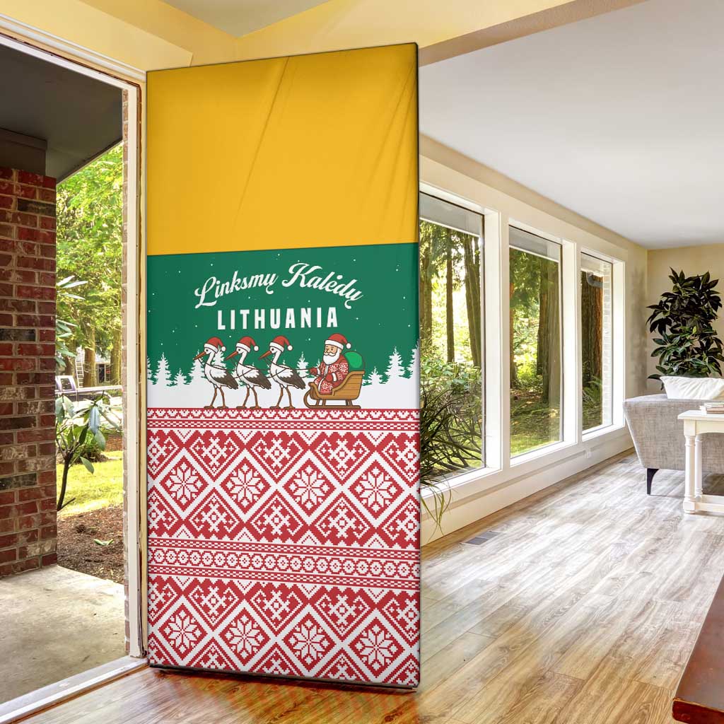 Lithuania Christmas Door Cover with Santa Sleigh Pulled by Storks and Folk Pattern Design - Wonder Print Shop