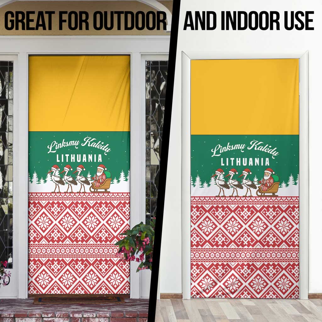 Lithuania Christmas Door Cover with Santa Sleigh Pulled by Storks and Folk Pattern Design - Wonder Print Shop
