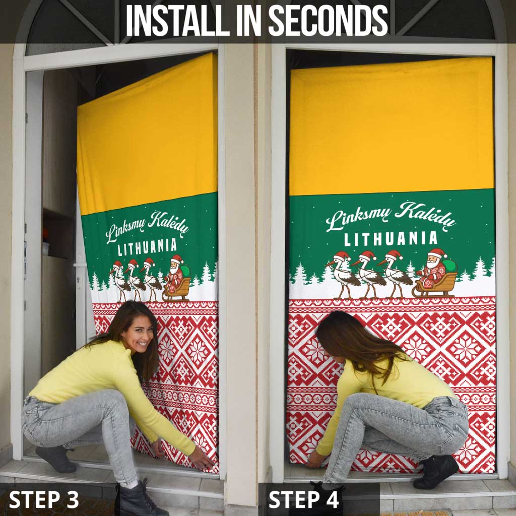Lithuania Christmas Door Cover with Santa Sleigh Pulled by Storks and Folk Pattern Design - Wonder Print Shop