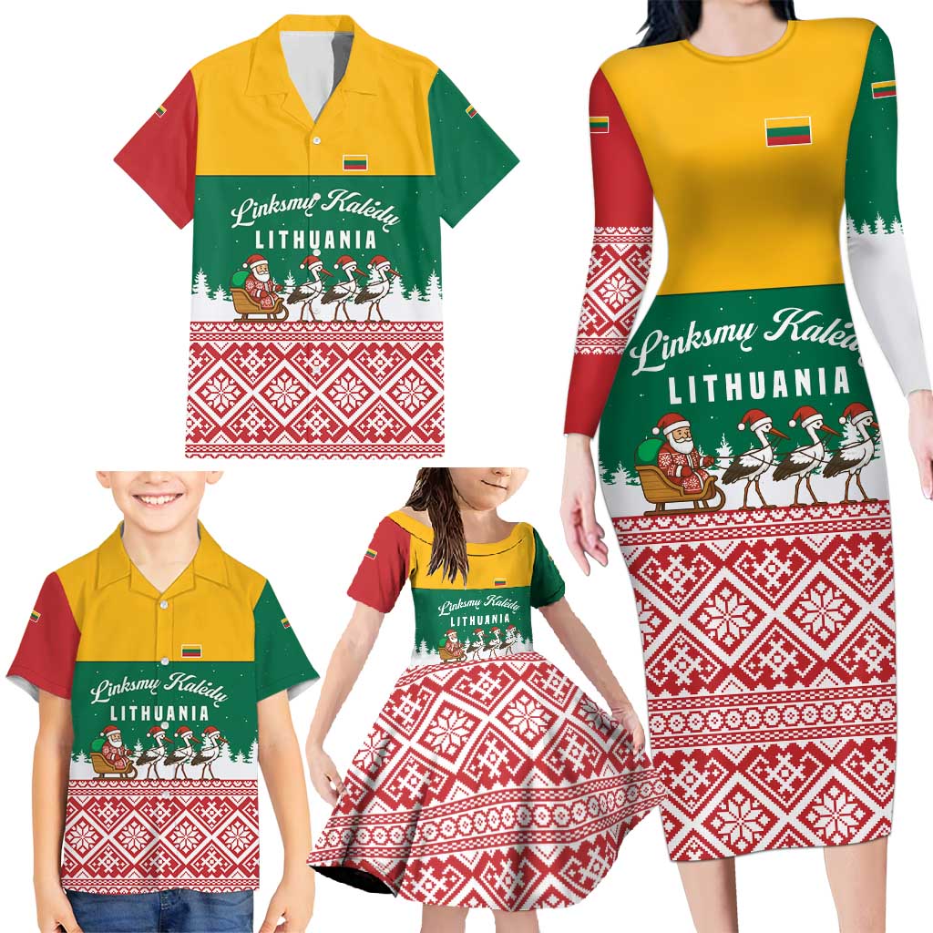 Lithuania Christmas Family Matching Long Sleeve Bodycon Dress and Hawaiian Shirt with Santa Sleigh Pulled by Storks and Folk Pattern Design - Wonder Print Shop