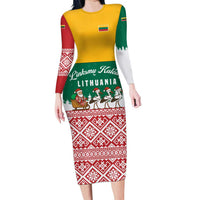Lithuania Christmas Family Matching Long Sleeve Bodycon Dress and Hawaiian Shirt with Santa Sleigh Pulled by Storks and Folk Pattern Design - Wonder Print Shop
