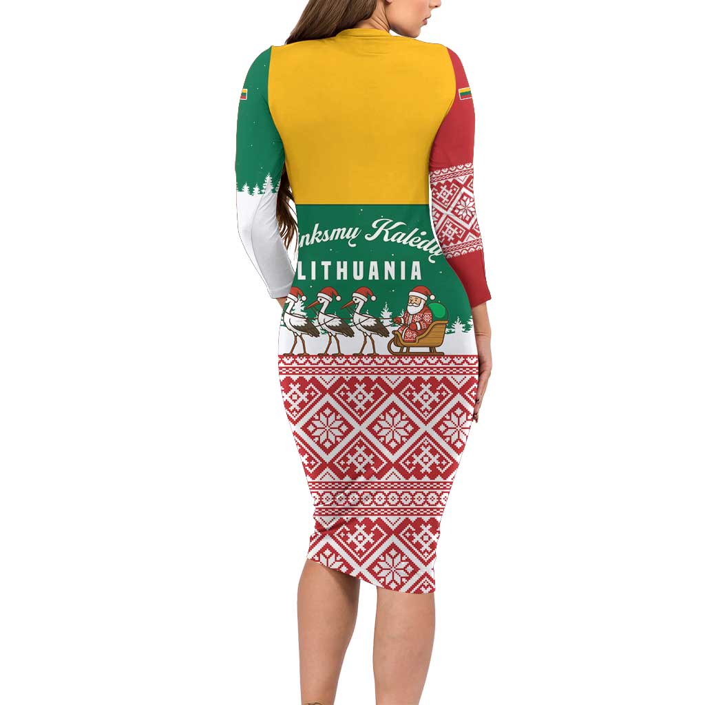Lithuania Christmas Family Matching Long Sleeve Bodycon Dress and Hawaiian Shirt with Santa Sleigh Pulled by Storks and Folk Pattern Design - Wonder Print Shop