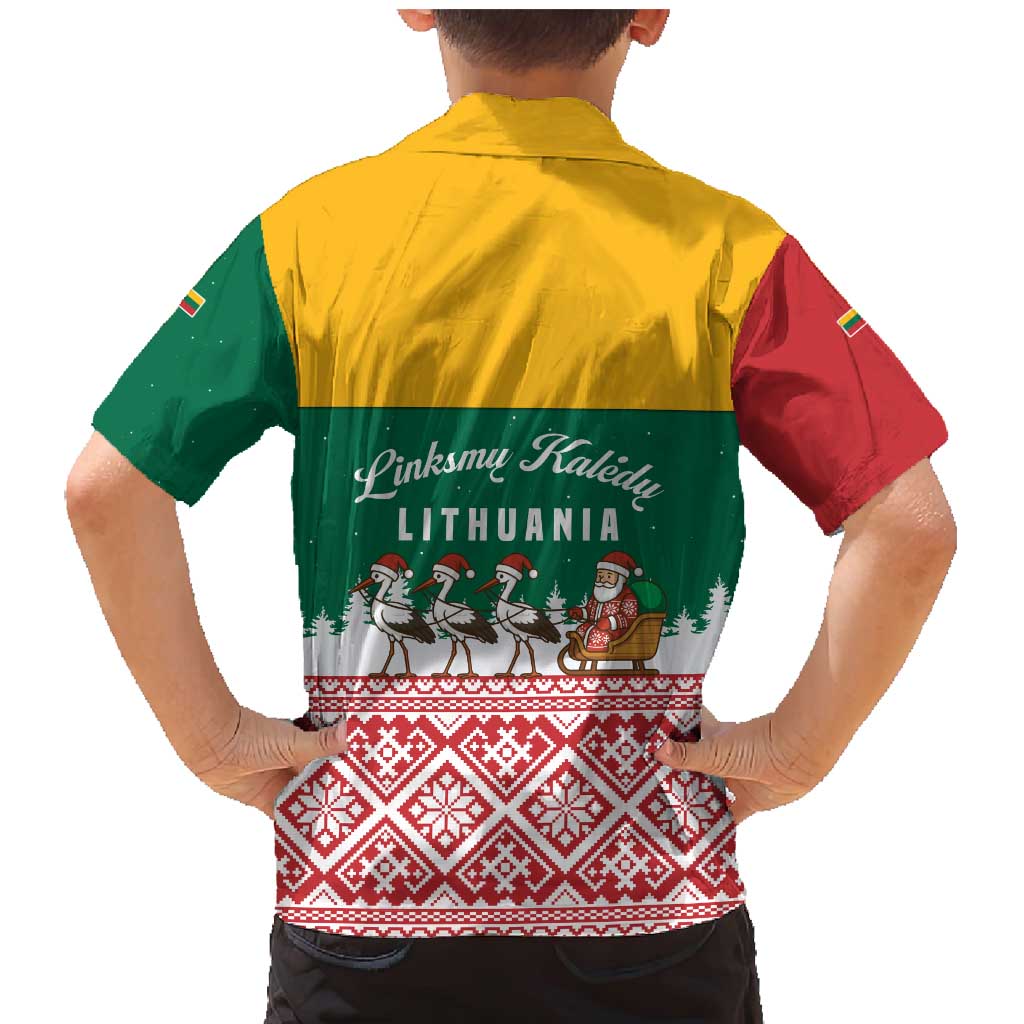 Lithuania Christmas Family Matching Mermaid Dress and Hawaiian Shirt with Santa Sleigh Pulled by Storks and Folk Pattern Design - Wonder Print Shop