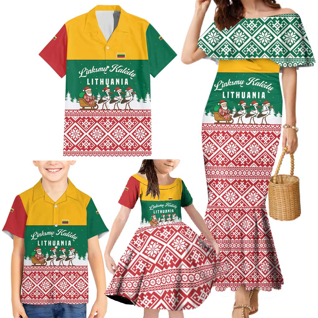 Lithuania Christmas Family Matching Mermaid Dress and Hawaiian Shirt with Santa Sleigh Pulled by Storks and Folk Pattern Design - Wonder Print Shop