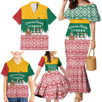 Lithuania Christmas Family Matching Mermaid Dress and Hawaiian Shirt with Santa Sleigh Pulled by Storks and Folk Pattern Design - Wonder Print Shop