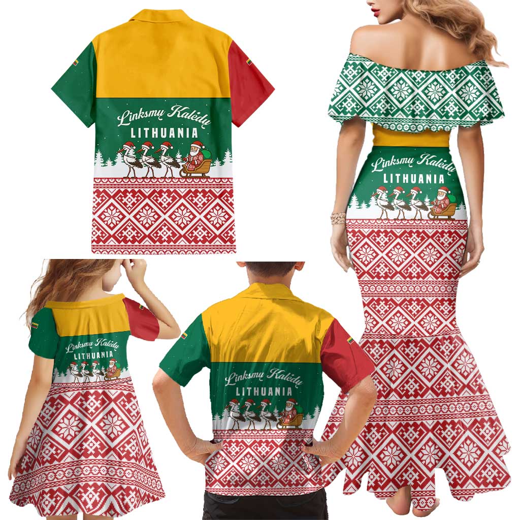 Lithuania Christmas Family Matching Mermaid Dress and Hawaiian Shirt with Santa Sleigh Pulled by Storks and Folk Pattern Design - Wonder Print Shop