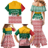 Lithuania Christmas Family Matching Mermaid Dress and Hawaiian Shirt with Santa Sleigh Pulled by Storks and Folk Pattern Design - Wonder Print Shop