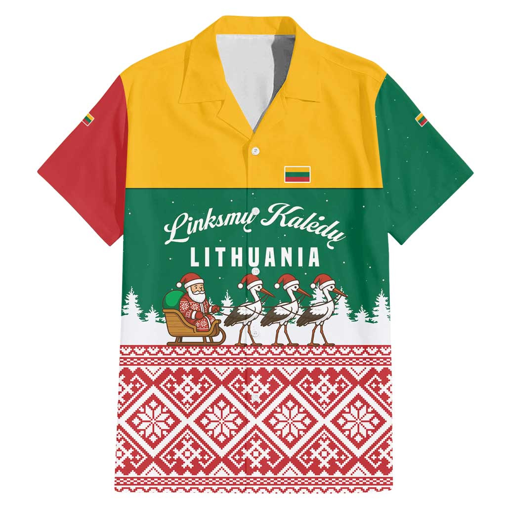 Lithuania Christmas Family Matching Mermaid Dress and Hawaiian Shirt with Santa Sleigh Pulled by Storks and Folk Pattern Design - Wonder Print Shop