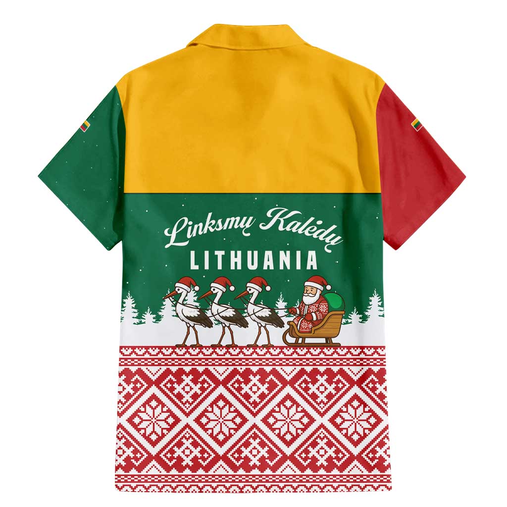 Lithuania Christmas Family Matching Mermaid Dress and Hawaiian Shirt with Santa Sleigh Pulled by Storks and Folk Pattern Design - Wonder Print Shop