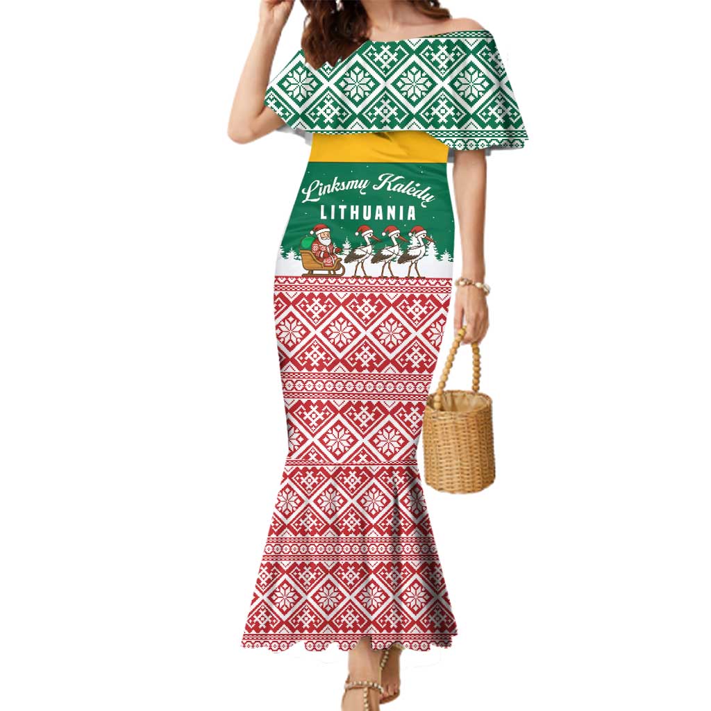 Lithuania Christmas Family Matching Mermaid Dress and Hawaiian Shirt with Santa Sleigh Pulled by Storks and Folk Pattern Design - Wonder Print Shop