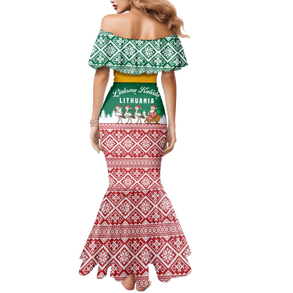 Lithuania Christmas Family Matching Mermaid Dress and Hawaiian Shirt with Santa Sleigh Pulled by Storks and Folk Pattern Design - Wonder Print Shop