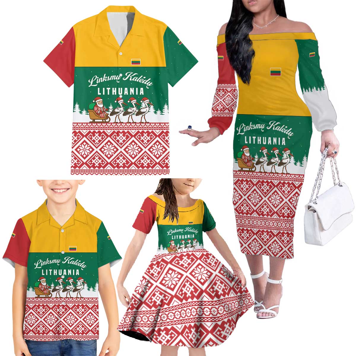 Lithuania Christmas Family Matching Off The Shoulder Long Sleeve Dress and Hawaiian Shirt with Santa Sleigh Pulled by Storks and Folk Pattern Design - Wonder Print Shop