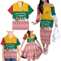 Lithuania Christmas Family Matching Off The Shoulder Long Sleeve Dress and Hawaiian Shirt with Santa Sleigh Pulled by Storks and Folk Pattern Design - Wonder Print Shop